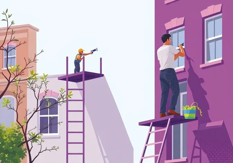Peintre sur échafaudage traitant la façade d'une maison